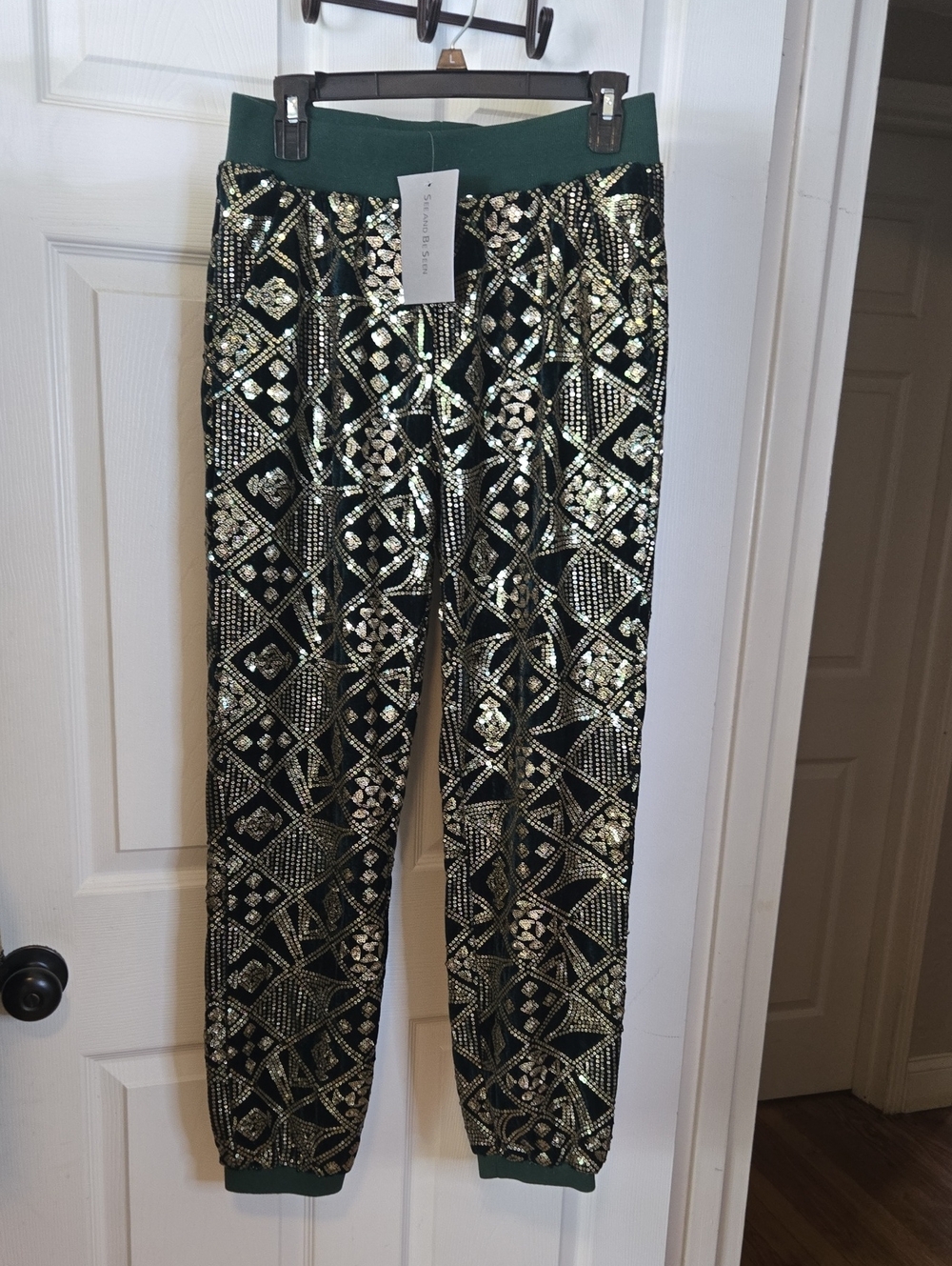 See and Be Seen Gold Sequin Black Joggers with Green Waistband